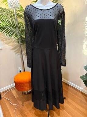Simply Be Black Sheer Dot Yoke Long Sleeve Midi Dress